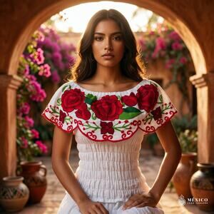 Mexican Chiapas blouse only  will fit XSMALL S M elastic bodice Multicolor wht